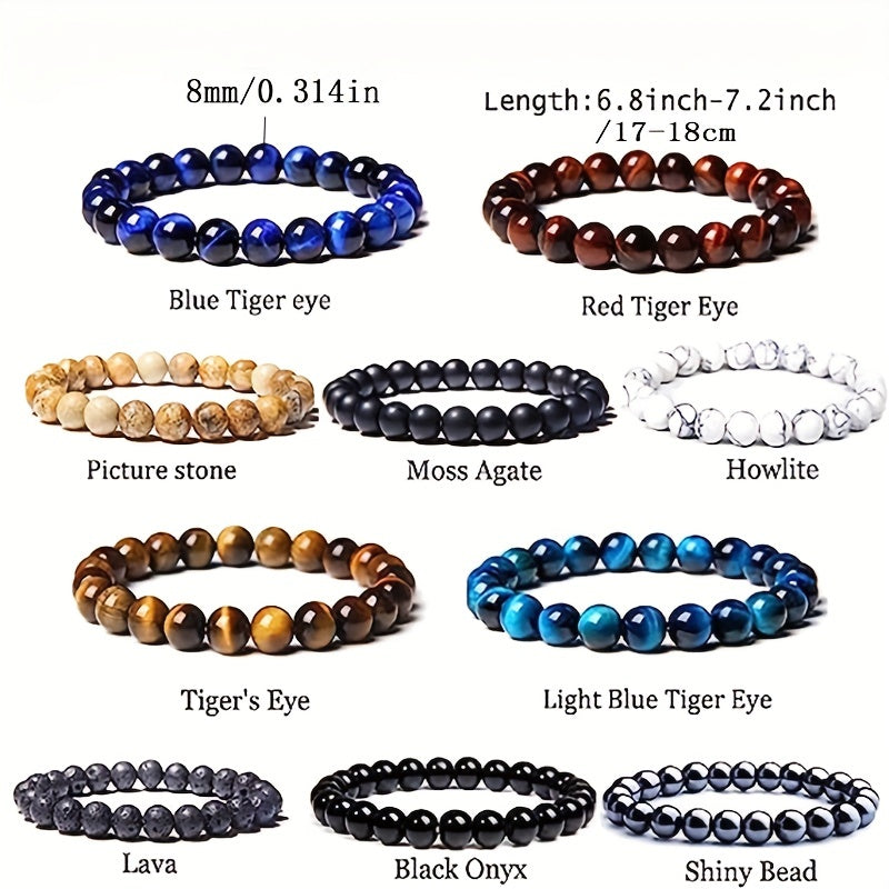 Set of 10 8mm Semi Precious Stone Beaded Bracelets for Men Women Healing Crystal Unisex Gift