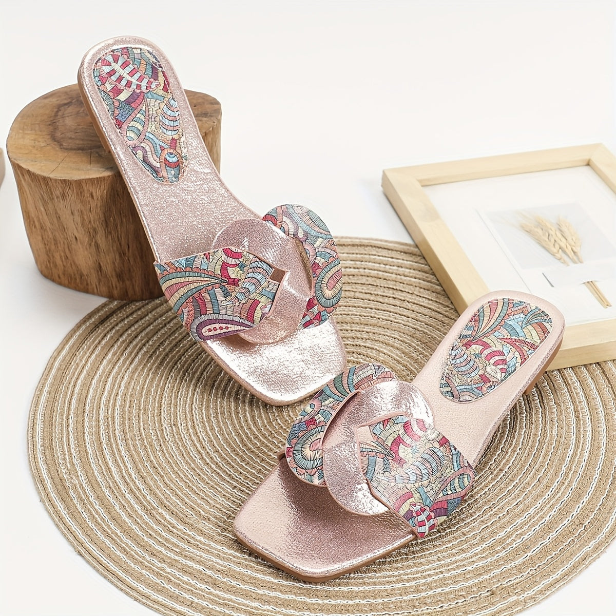 Women's Ethnic Flat Sandals TPR Sole Faux Leather Upper Summer Slip-On Square Toe