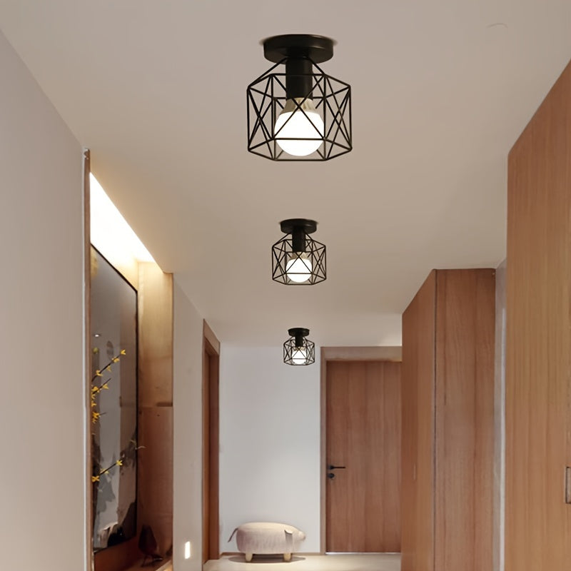 Black Iron Modern Nordic Ceiling Light with E27 Base Geometric Semi-Flush Mount for Bedroom Hallway Kitchen