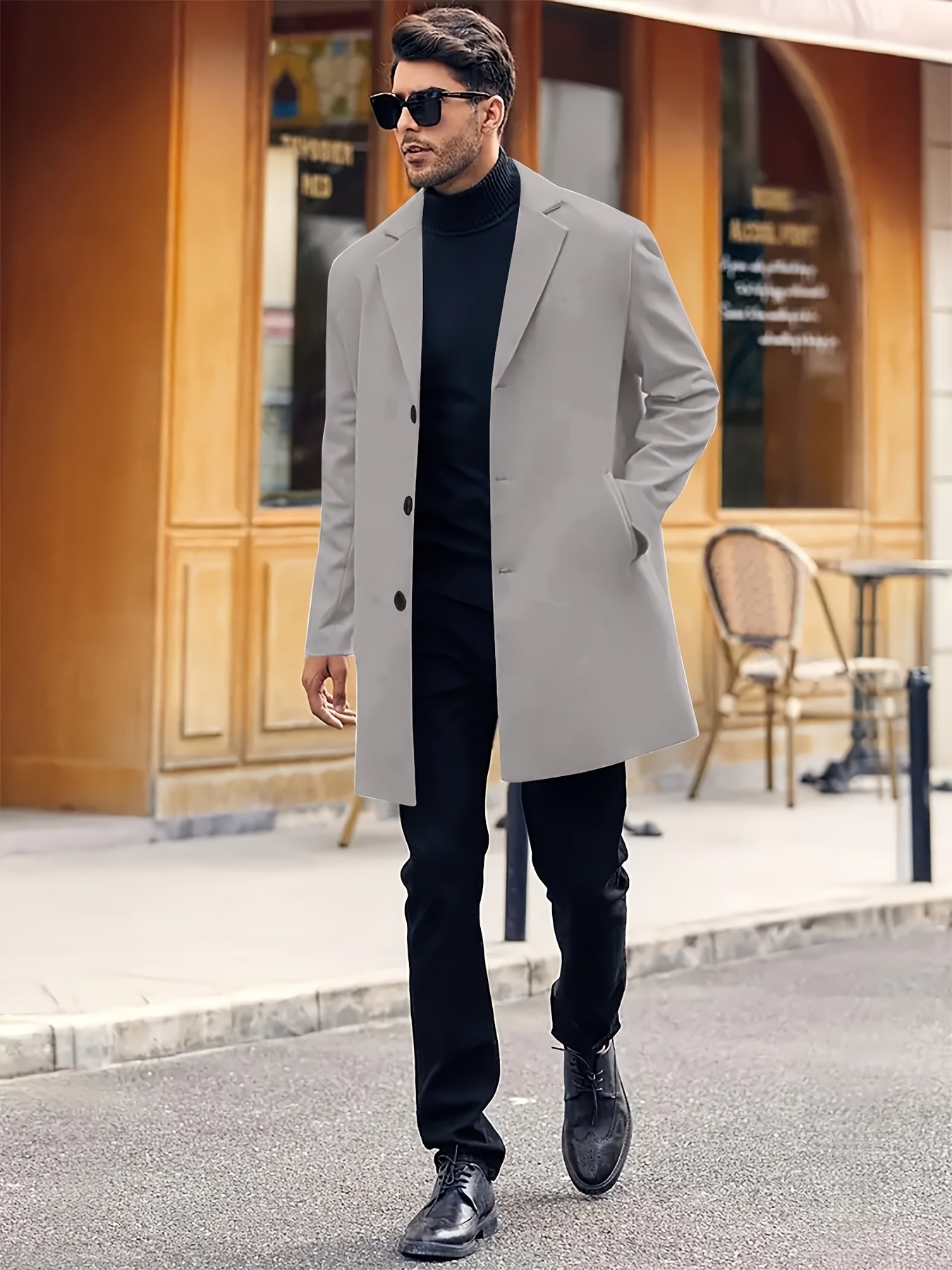 Men's Fall Winter Polyester Solid Color Long Sleeve Lapel Work Coat