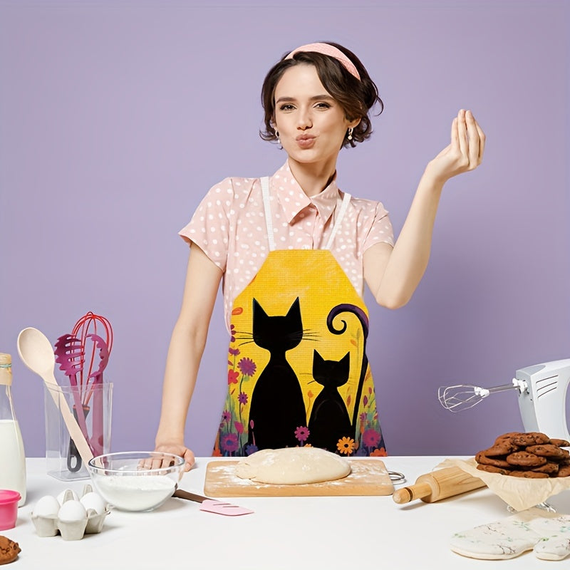 Linen Apron with Retro Cat Painting Pattern for Kitchen Cooking and Cleaning
