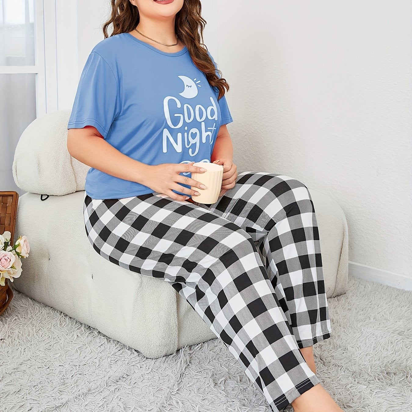 Plus Size Casual Loungewear Set Women's Short Sleeve Top Gingham Pants