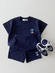 Детский комплект шортов повседневных из хлопкового смесового материала с коротким рукавом, мультяшный медведь, лето, для мужчин, женщин и детей