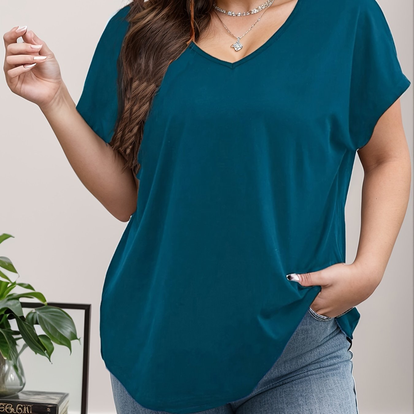 Women Plus Size Solid V-Neck Short Sleeve T-Shirt Casual Clothing