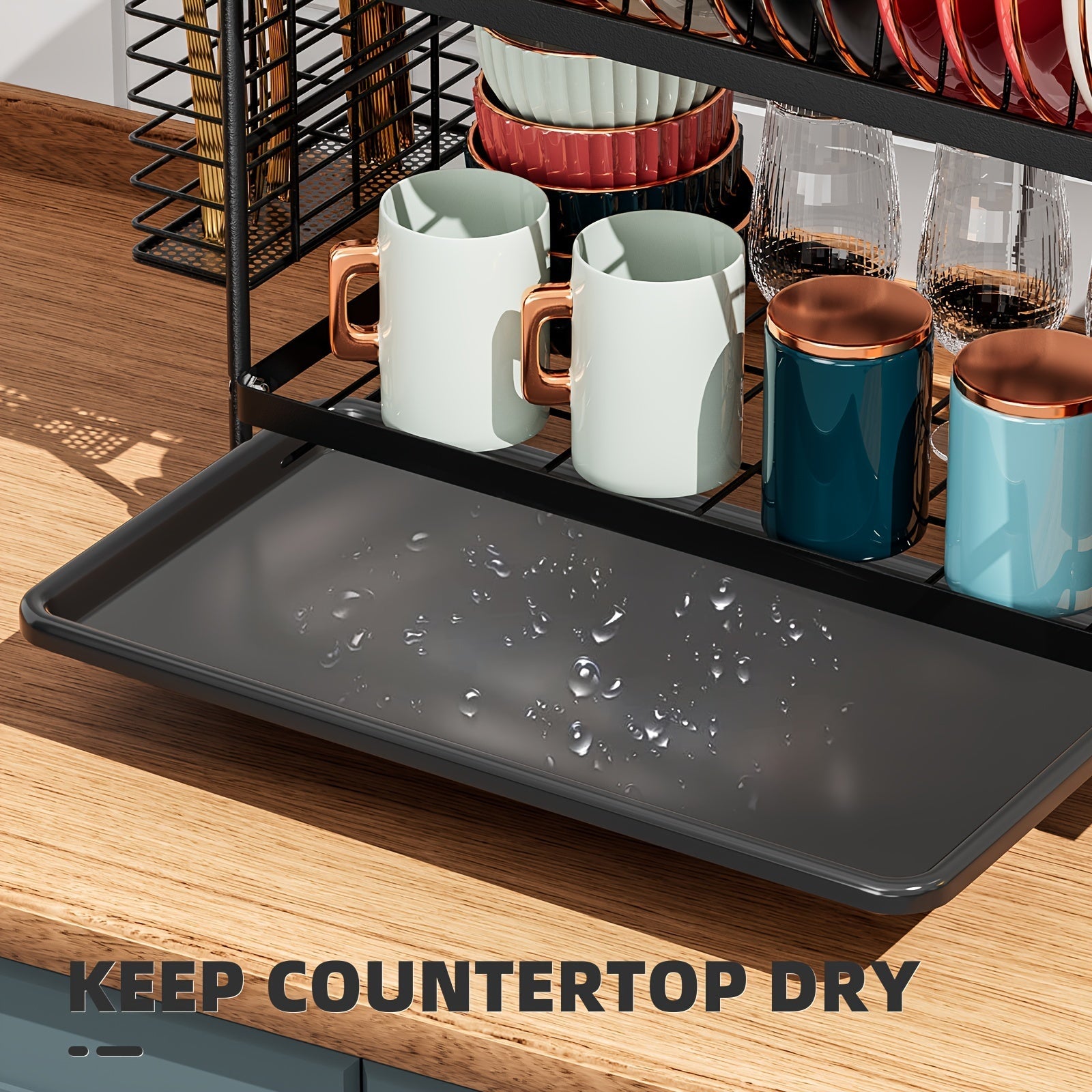 Contemporary Black Metal Kitchen Dish Rack with Drainboard and Utensil Holder