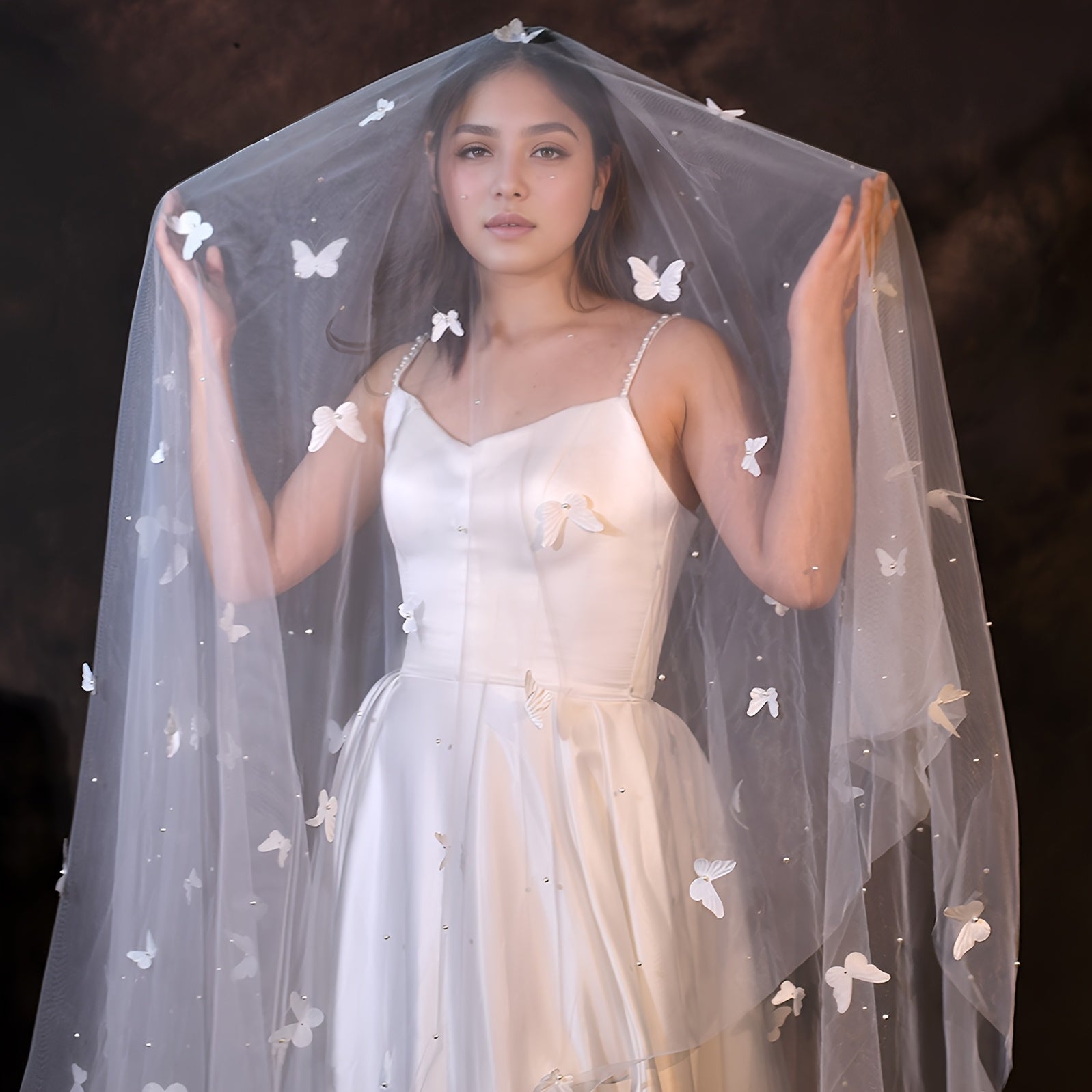 Wedding Veil Beaded Butterfly Cathedral Length Nylon Bridal Accessory