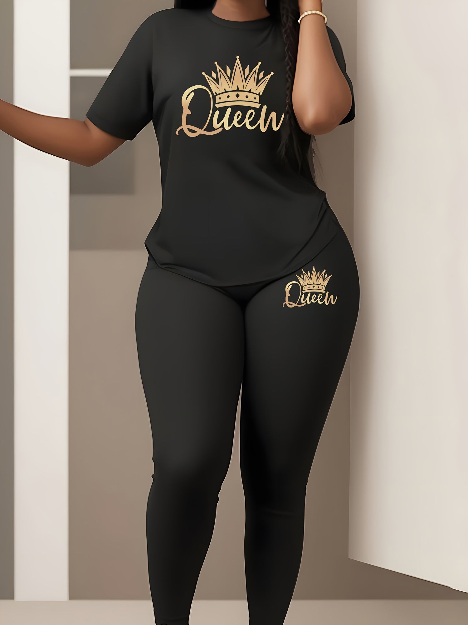 Women's Sports Short Sleeve Suit Crown Print 2pcs Set Elastic Casual