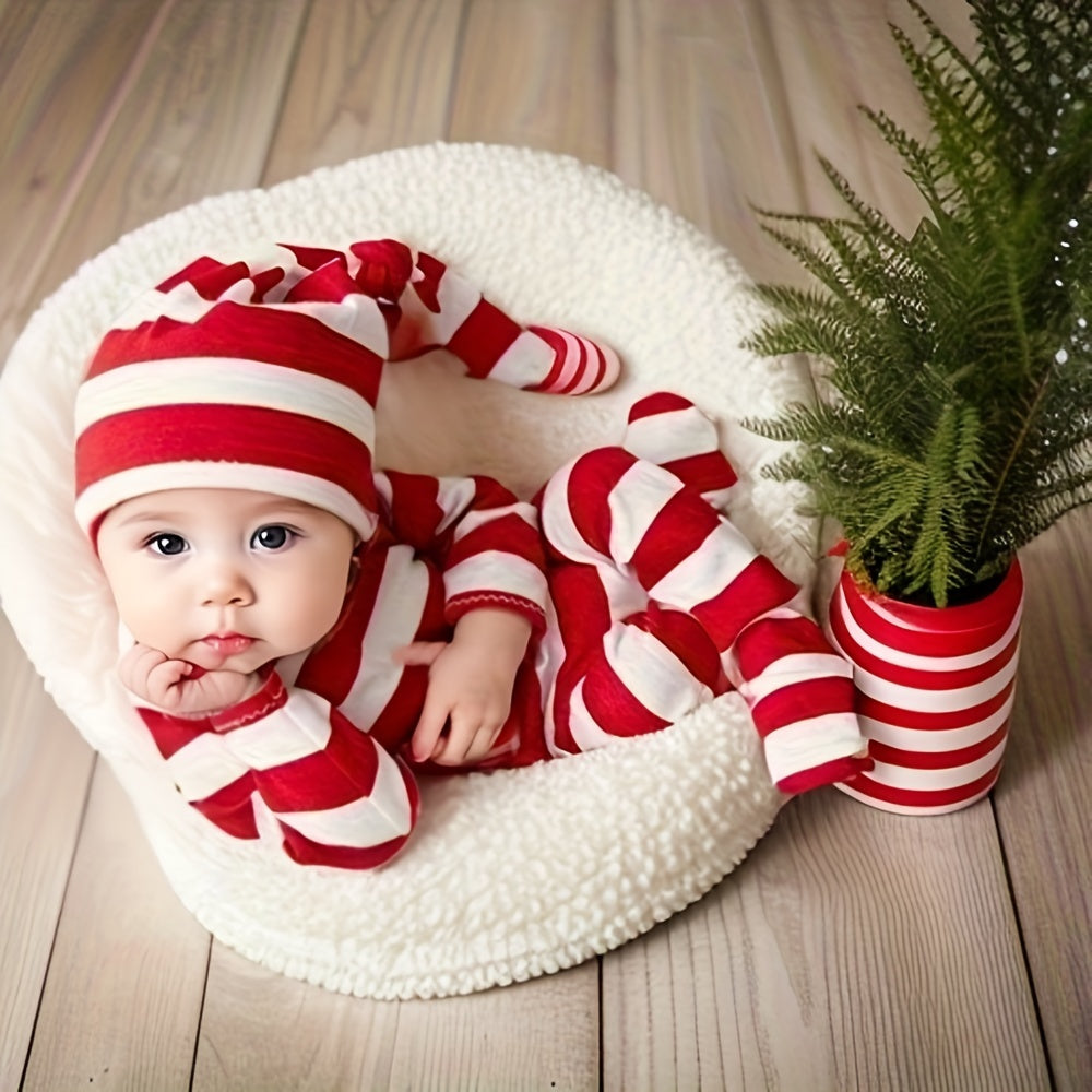 Baby Christmas Costume Props Striped Romper and Long-Tailed Hat for Holiday Photos