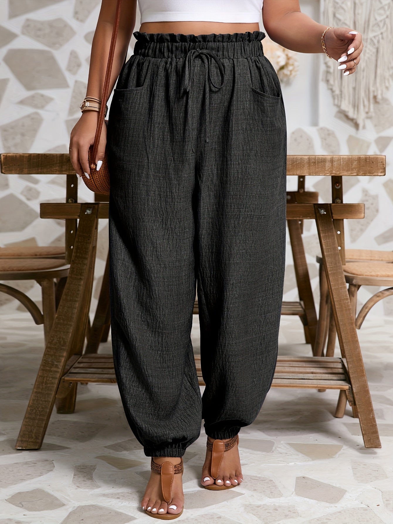 Pantalones casual de talla grande para mujer con cintura elástica y aspecto de arpillera falsa