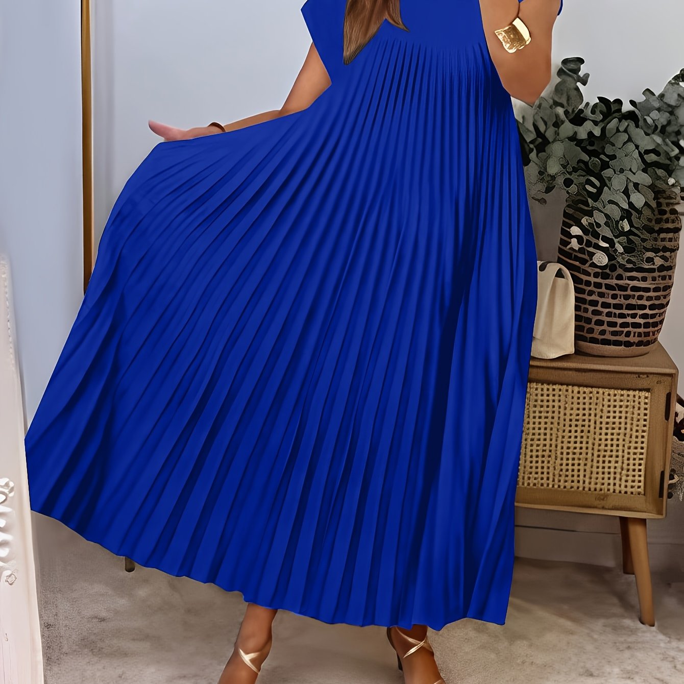 Women's Blue Pleated A-Line Tunic Dress with Crew Neck Short Sleeves Flared Hem Polyester
