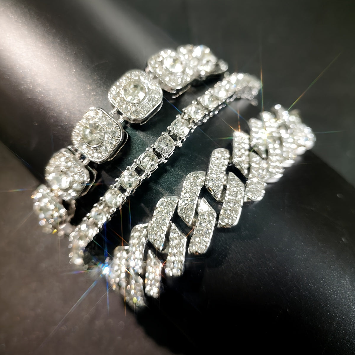 3 ta modali Bling Rhinestone Kuba zanjir bilaguzuklari to'plami, erkaklar va ayollar uchun, Hip Hop uslubidagi muzlatilgan bilaguzuk, qalin zanjir dizayni zargarlik.