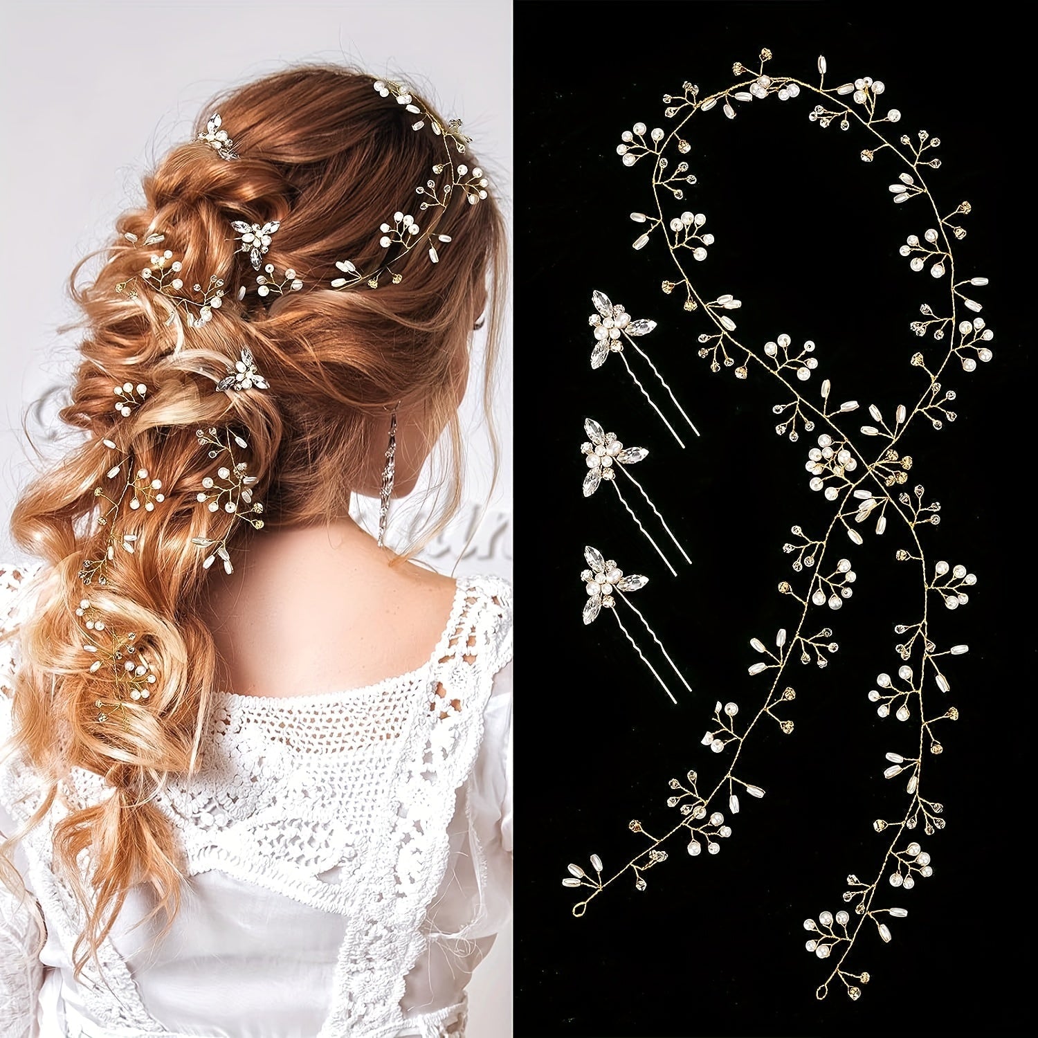 Conjunto de accesorios para el cabello de novia con perlas largas y cristales, que incluye 3 pinzas de pelo con cristales