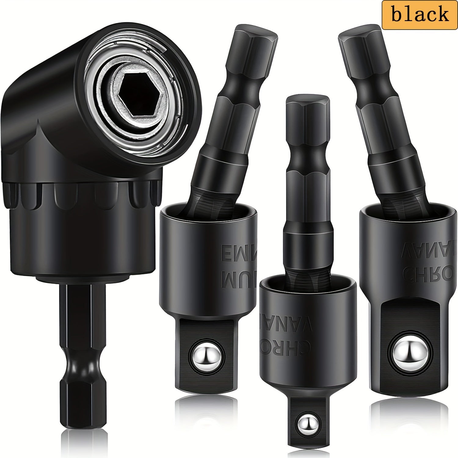4-Piece Impact Driver Socket Set with 360° Rotatable Hex Shank and 105° Right Angle Holder Chrome Vanadium Steel