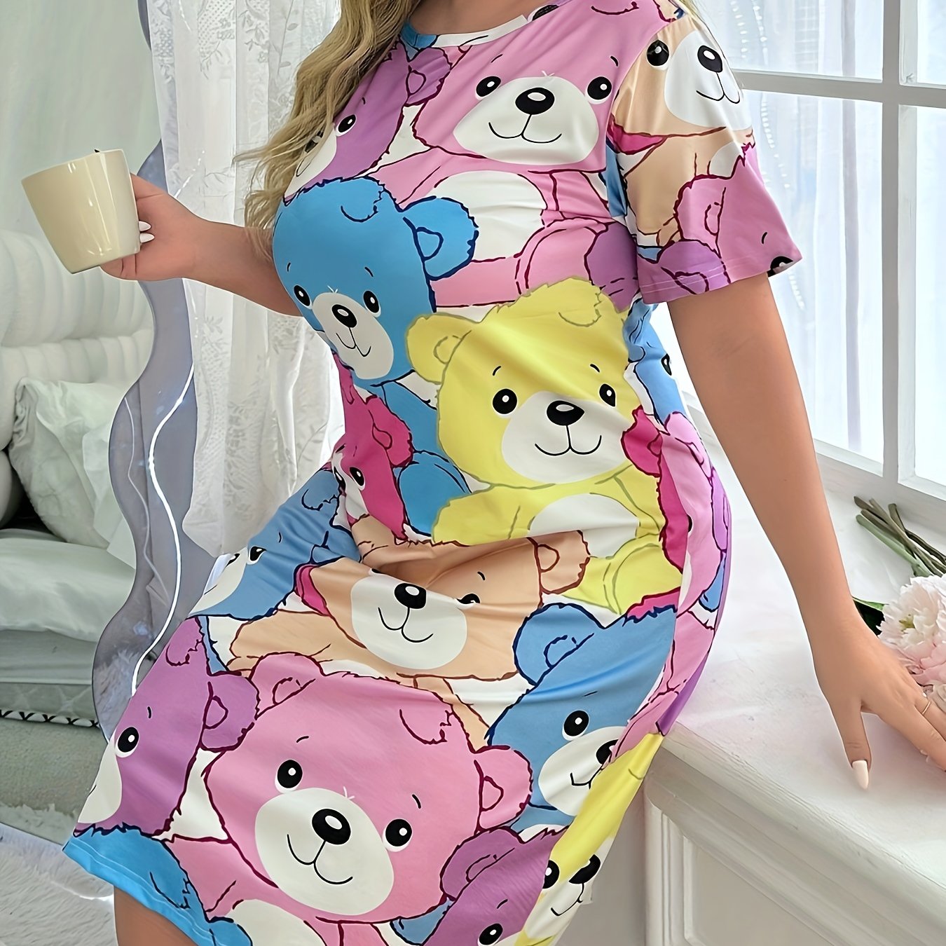 Women's Cartoon Bear Print Sleep Dress Soft Short Sleeve Nightgown All-Season Lounge