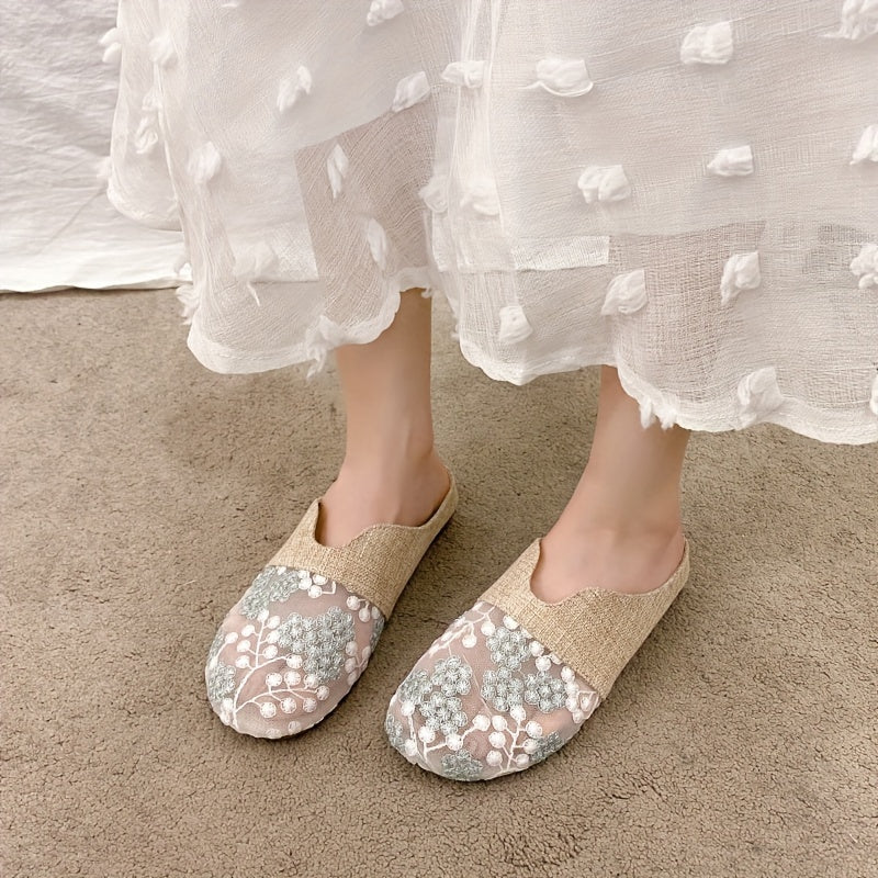 Women's Slip-On Sandals Linen Mesh Flat Casual Summer Round Toe