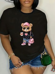 Women’s Plus Size Black Casual T-Shirt with Cartoon Bear Print