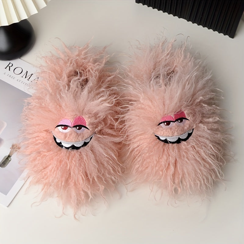 Women's Furry Slides Funny Face Cozy Slippers for Winter