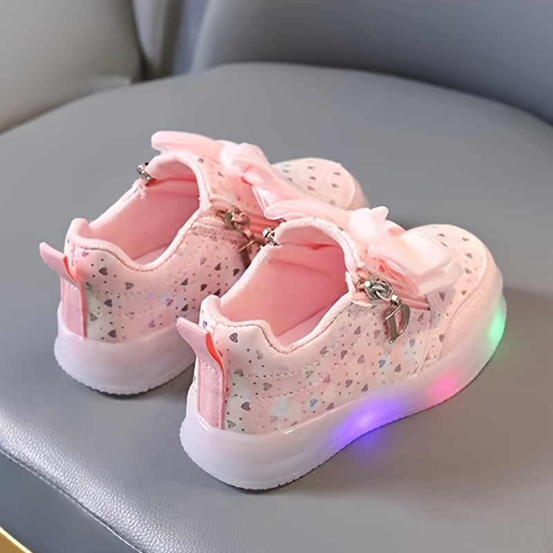 Girls' LED Fashion Sneakers with Heart Pattern and Bow, Low Top, All-Season