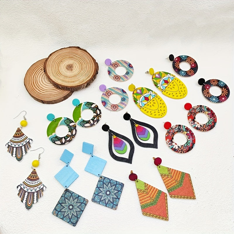 Women's Bohemian Wooden Drop and Geometric Earrings with Colorful Prints