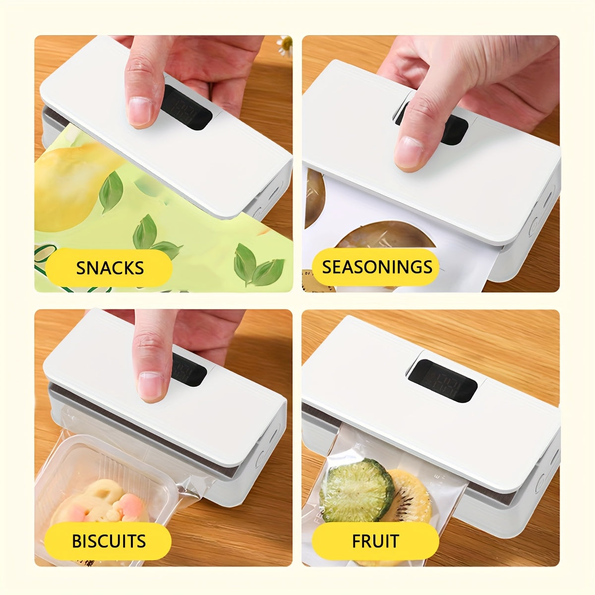 Mini Snack Sealer USB qayta tiklanadigan raqamli displey 6 tezlikli kompakt oziq-ovqat yopishqoq