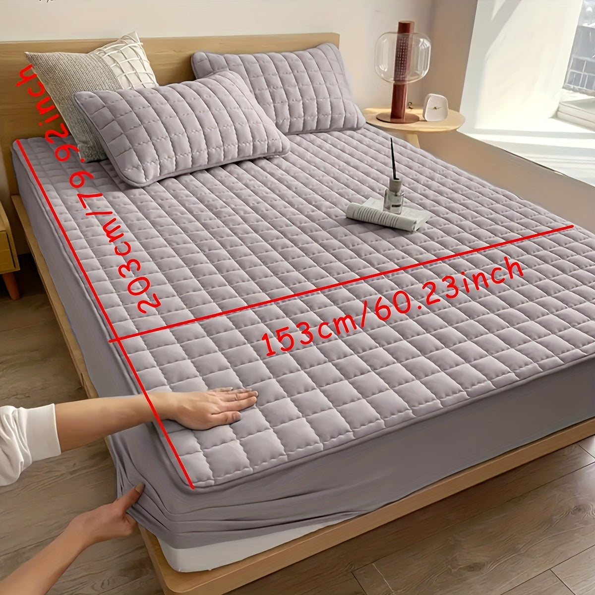 Light Gray Quilted Waterproof Fitted Sheet Breathable Polyester Deep Pockets Easy Care