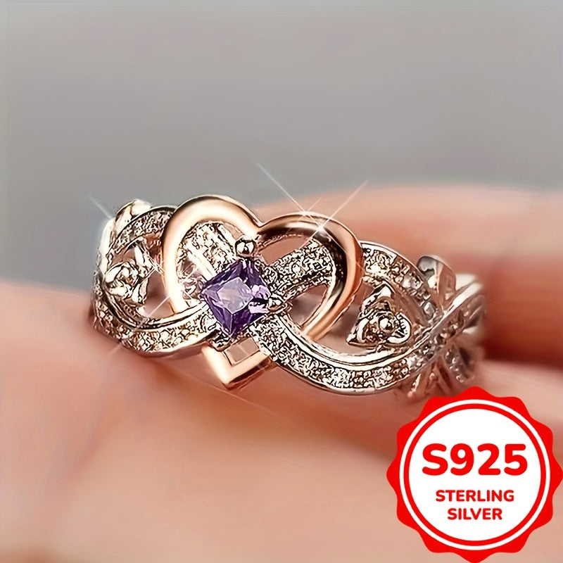 Sterling Silver Infinity Heart Ring with Purple Synthetic Zirconia Engagement Jewelry
