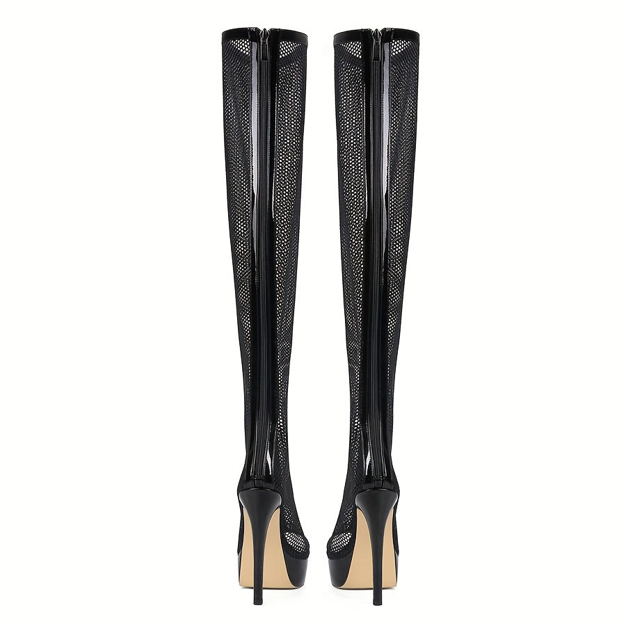 Women's Black Over-the-Knee High Heels Open Toe Zipper Cut-Out Boot