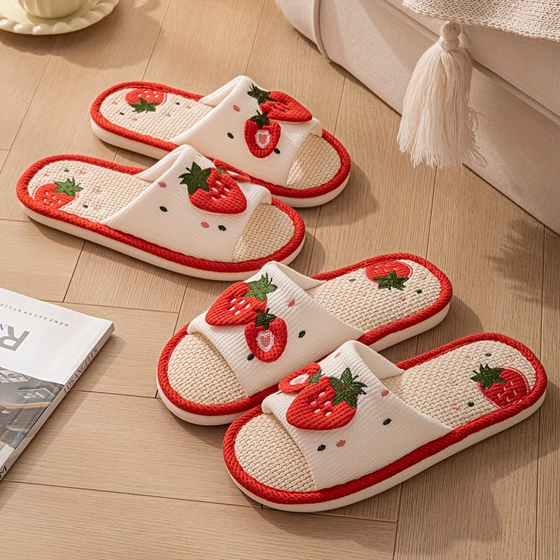 Women's Linen Slip-On Shoes with Strawberry Heart Design Indoor Non-Slip