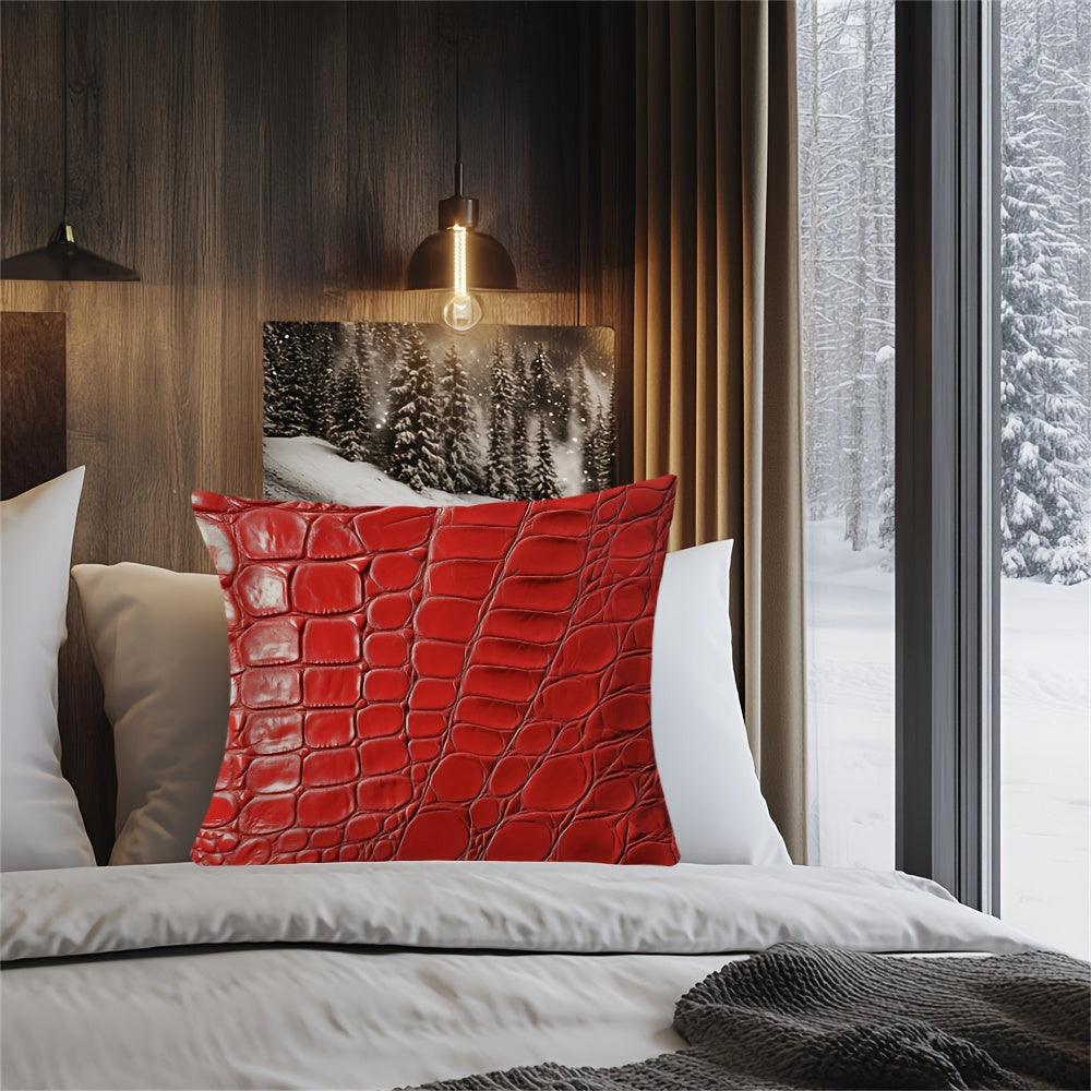 Square Pillow Cover with Crocodile Leather Print Polyester Double-Sided Washable Durable Woven Fabric