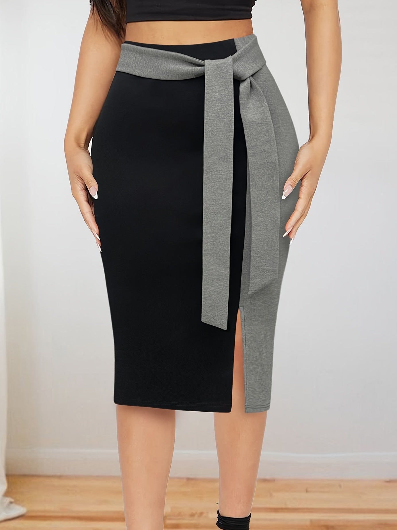 Women's Midi Skirt with Color Block Tie-Waist Rayon Blend for Office or Casual Spring Summer