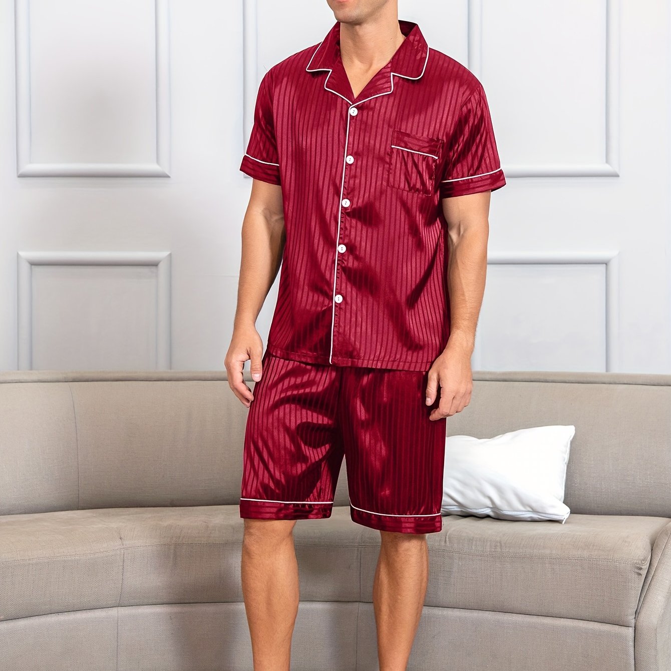 Men's Reversible Collar Summer Pajama Set with Silky Breathable Fabric