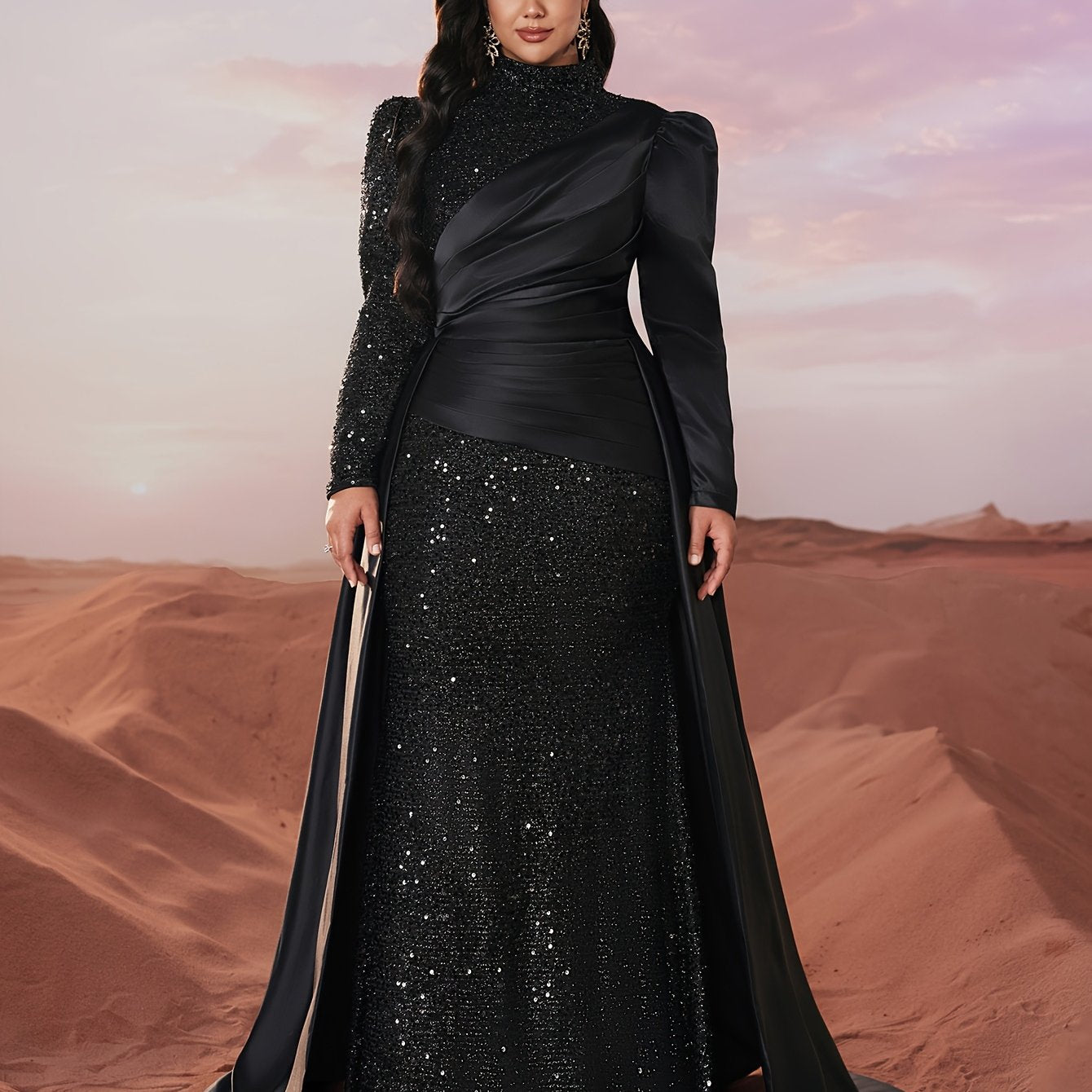 Plus Size Black Sequin Gown Satin Pleats Formal Dress for Weddings Prom