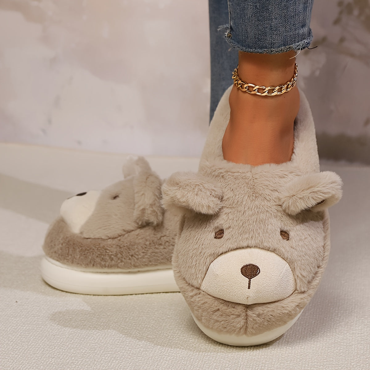 Women's Plush Bear Slippers All-Season Non-Slip Cozy Indoor Shoes