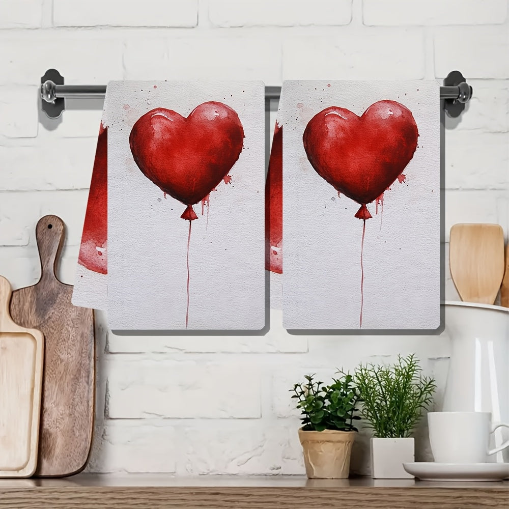 Two Pieces Kitchen Towels Red Heart Balloon Design 16x24 Inches Absorbent