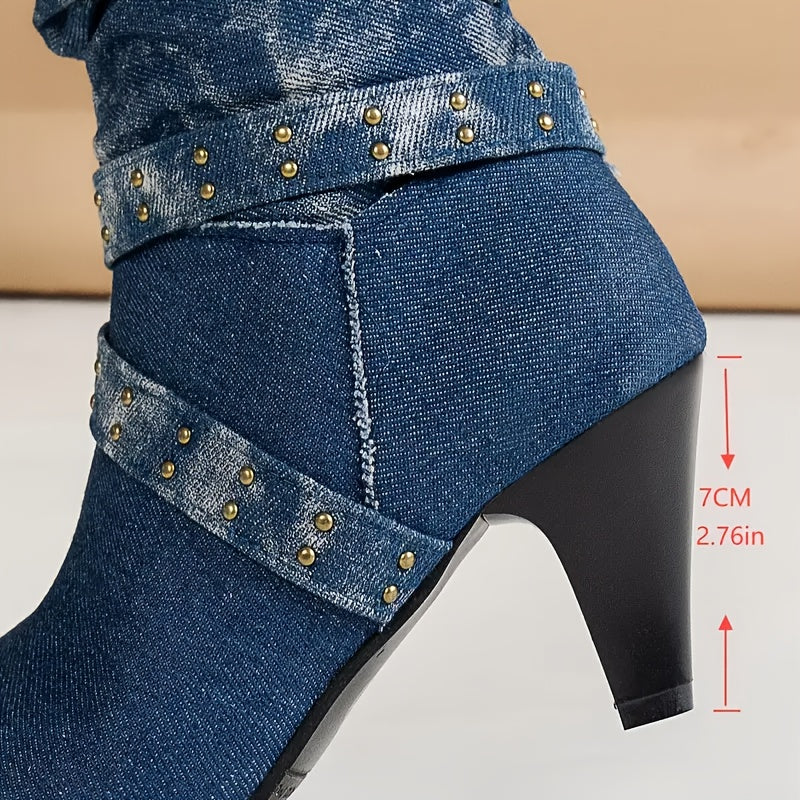 Ayollar uchun uzun denim botlar, zip yopilishi, qalin poyabzal, o'rta poyabzal