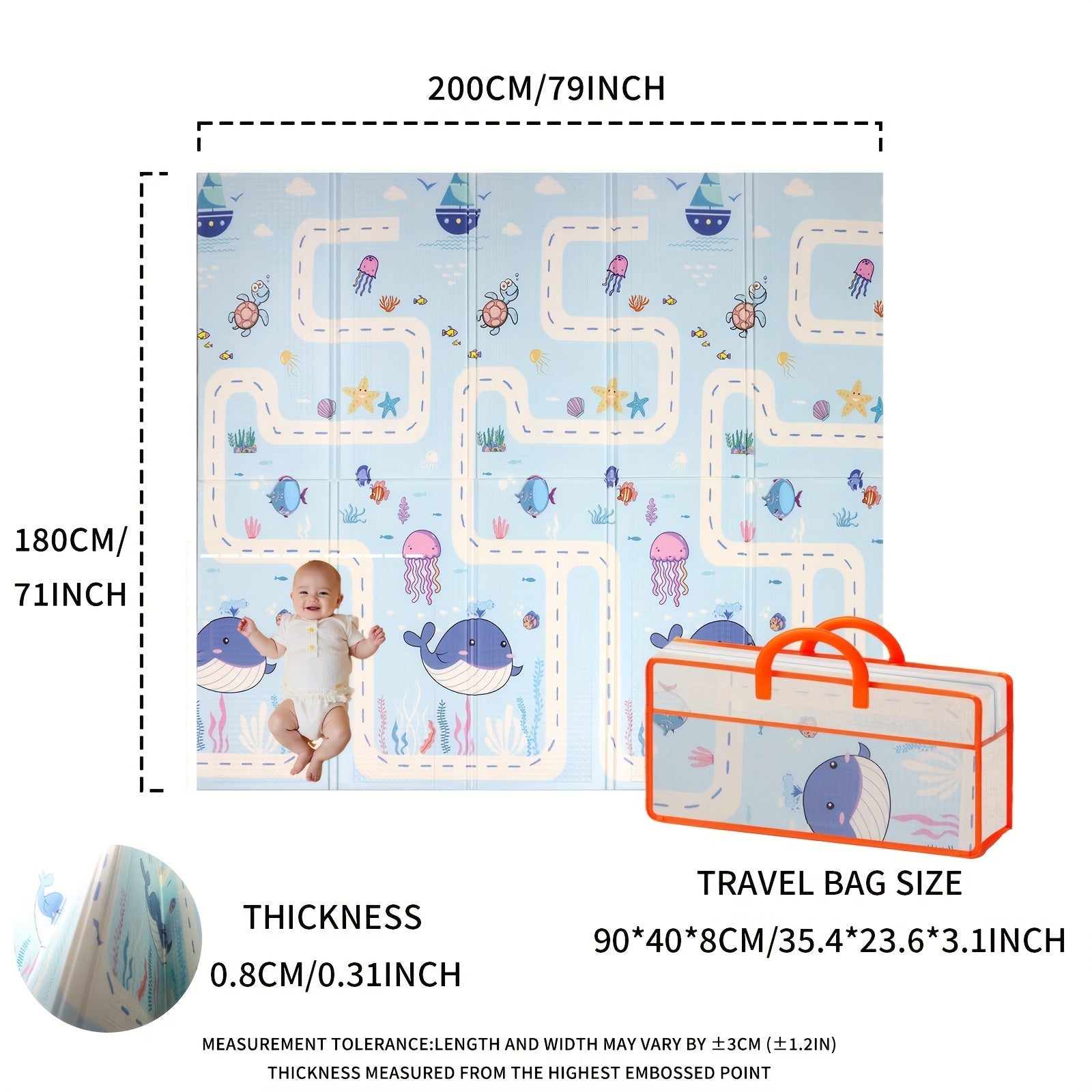 Waterproof Play Mat for Crawling and Walking Blue Cartoon Animal Design Non-Slip Foldable Nursery Floor Mat