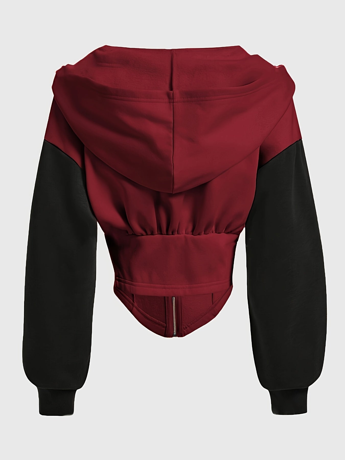 Ayollar uchun zamonaviy qora fermuarlı kapüşon, chiroyli yig'ilgan ko'krak dizayni, uzun yenglar, mashinada yuvish mumkin bo'lgan polyester, kuz/qish modasi uchun ideal.