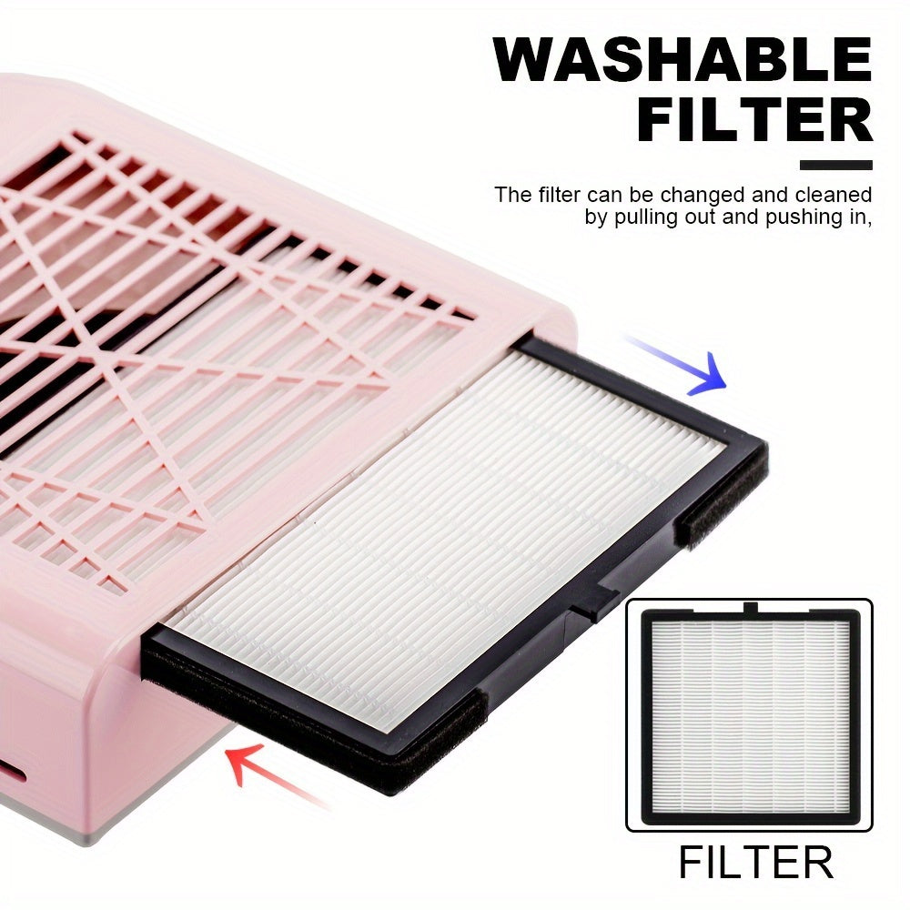 Yuviladigan filtrga ega yuqori quvvatli tirnoq changini vakuum tozalagich, salonlar yoki uyda professional tirnoq va oyoq san'ati xizmatlari uchun ideal.