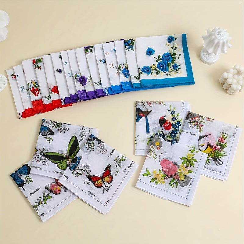 Set of 6 Cotton Handkerchiefs for Men and Women Butterfly and Bird Prints Soft and Absorbent