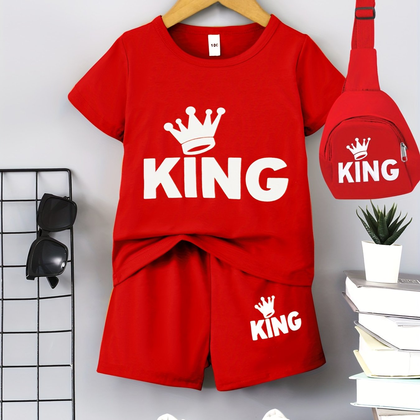 Boys' Casual Outfit Set Black "KING" Crown Print Polyester T-Shirt Shorts Crossbody Bag Spring Summer