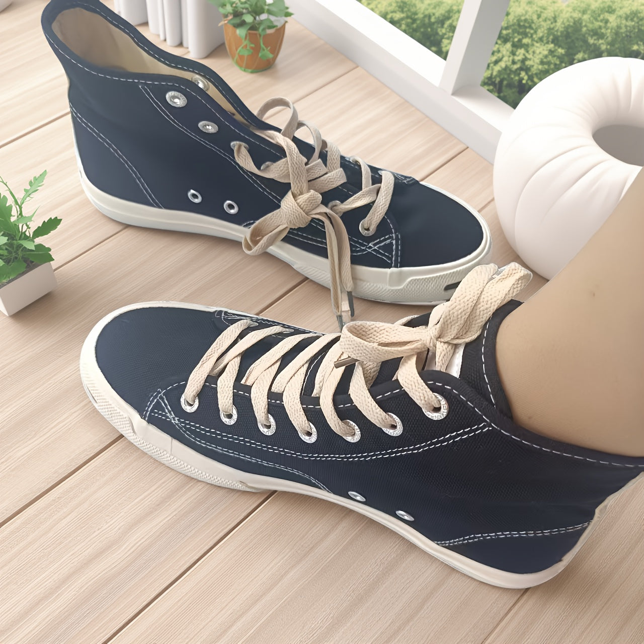 Unisex All-Season High-Top Sneakers Navy Blue Black Fabric Casual Shoes