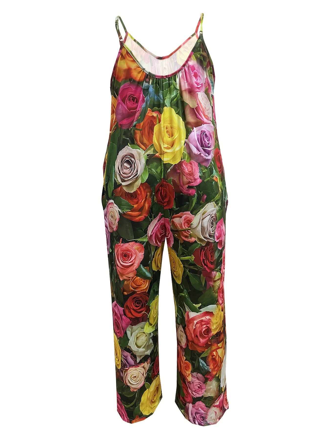 Plus Size Floral Print Sleeveless Jumpsuit With Pockets Women Casual Clothing