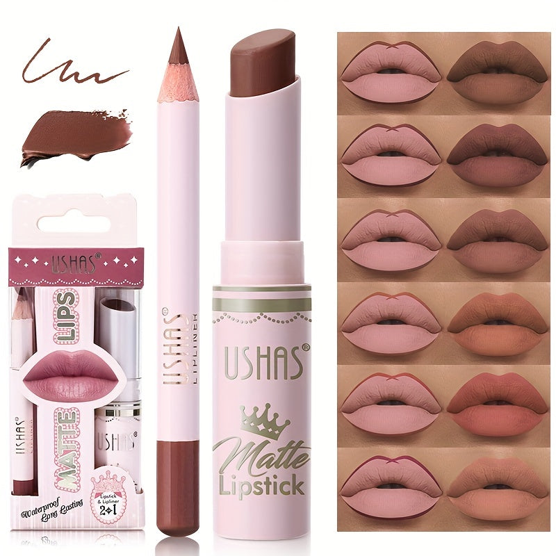 Women's Matte Liquid Lipstick and Lip Liner Set in 6 Colors Velvety Nude