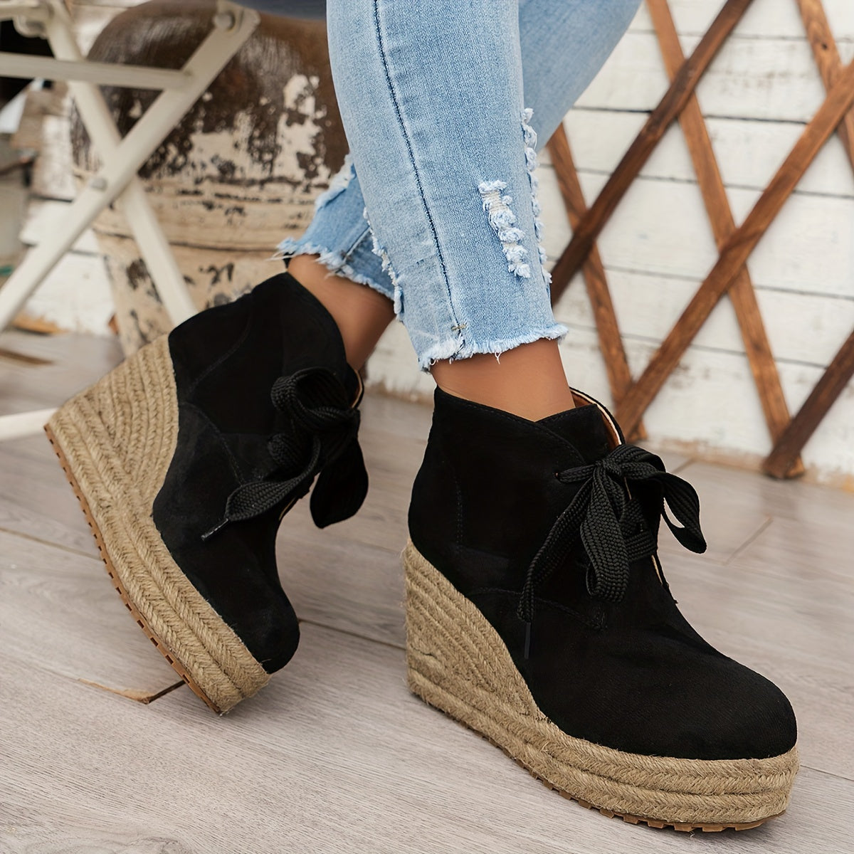 Women's Linen Wedge Ankle Boots Casual Solid Color Lace-Up Platform Shoes