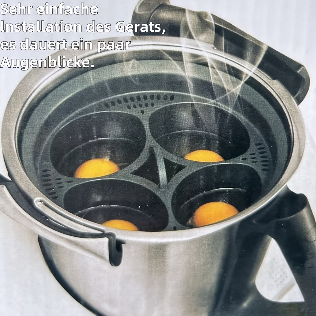 Вставка из ABS-пластика для приготовления на пару четырех яиц одновременно, безопасна для контакта с пищей. Универсальный аксессуар для пароварки для одновременного приготовления нескольких яиц.