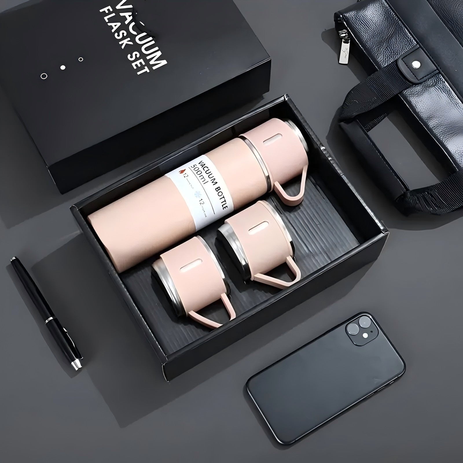 Insulated Stainless Steel Water Bottle Set with 2 Cups and Stroller Holder