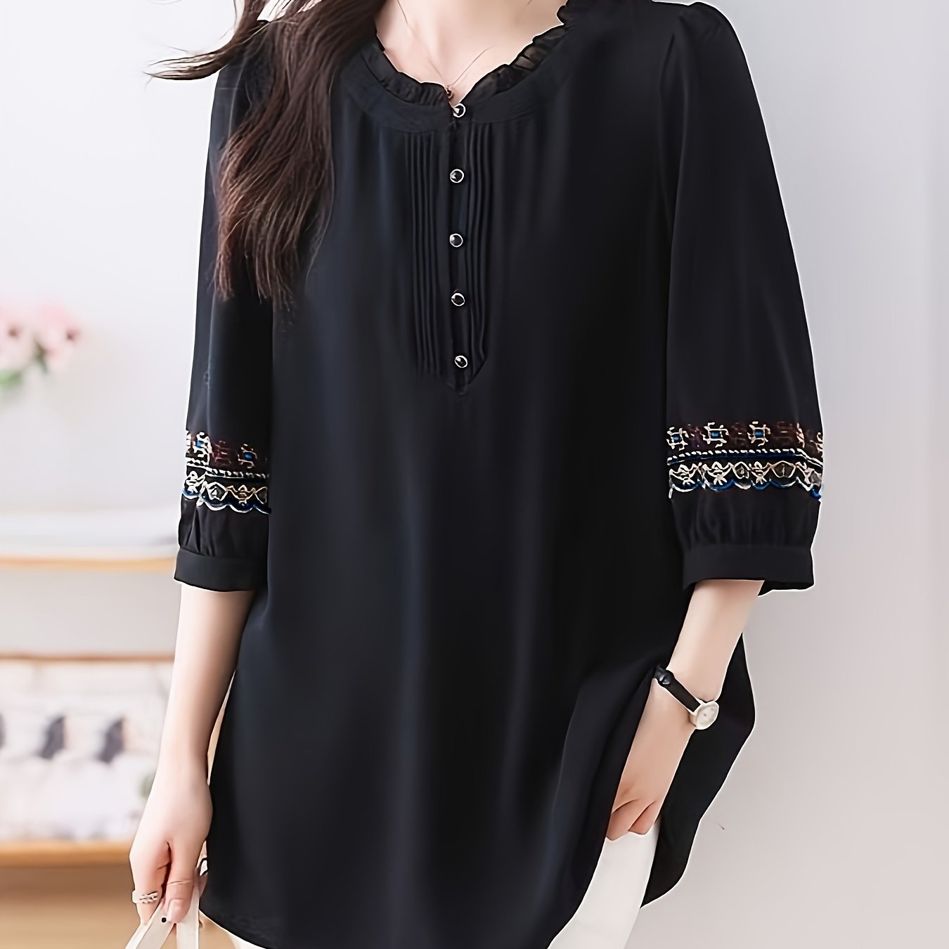 Блузка больших размеров с вышивкой для женщин свободного кроя с круглым вырезом и рукавом 3/4