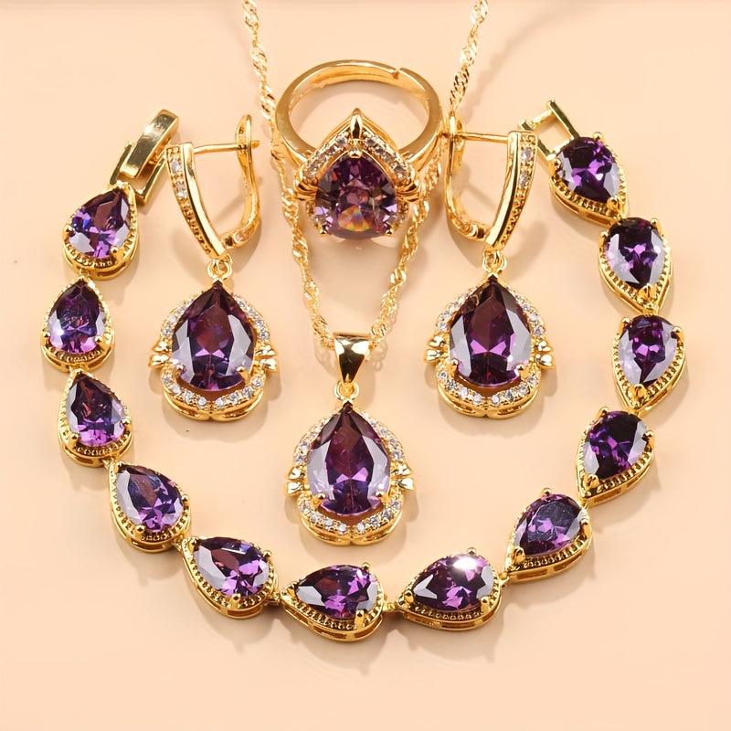 5-Piece Teardrop Jewelry Set with Earrings Necklace Pendant Ring Synthetic Stones Gold Plated Copper Zirconia for Weddings and Everyday