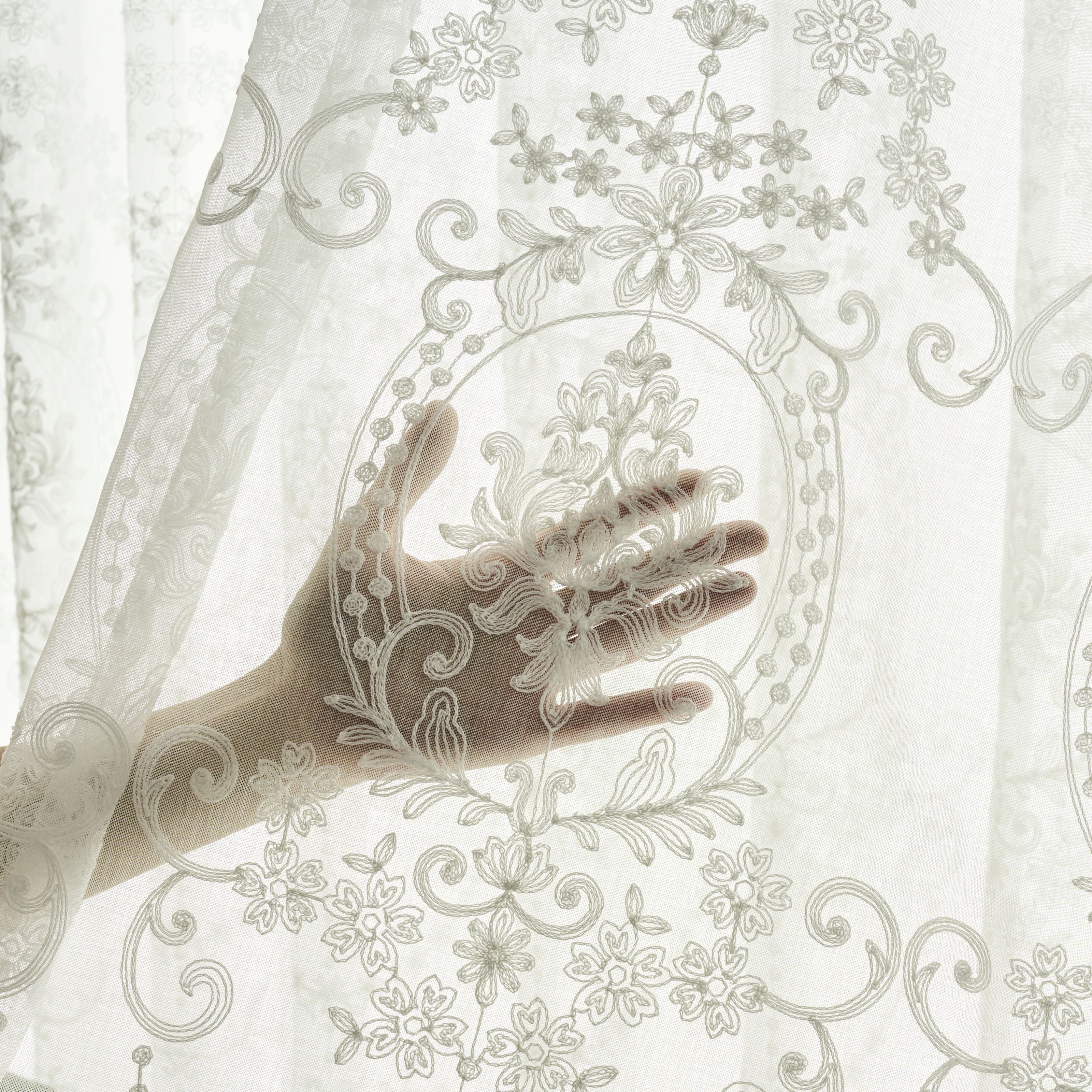 European Embroidered Sheer Curtains 2-Piece Set Floral Design Rod Pocket Window Treatments