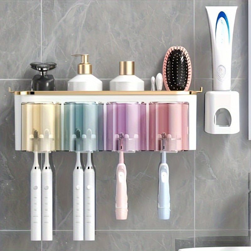 Wall-Mounted Plastic Toothbrush Holder with Rinse Tumbler Set Self-Adhesive Family Pack for Electric Toothbrushes
